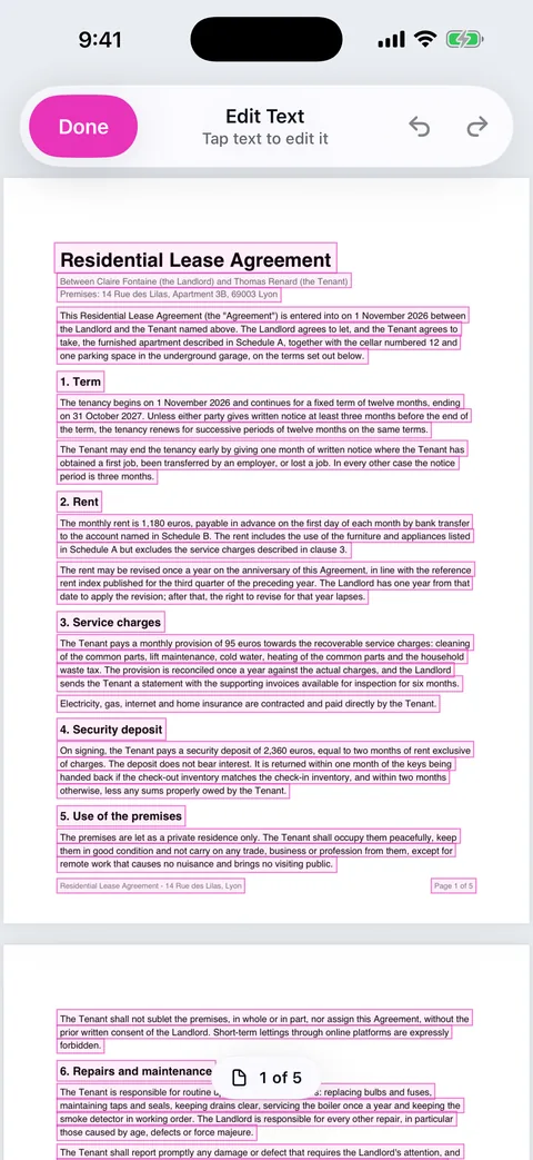 Edit Text mode: every line of the lease agreement is outlined in pink, with Done, Undo and Redo in the bar and the hint Tap text to edit it.