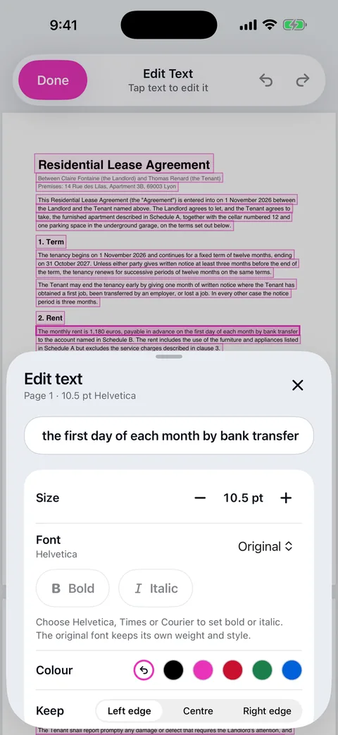 Edit Text mode on a lease agreement: every line of text is outlined, and the Edit text sheet shows the tapped line, its size of 10.5 pt, the font Helvetica, Bold and Italic options, a colour row and Left edge, Centre and Right edge choices.