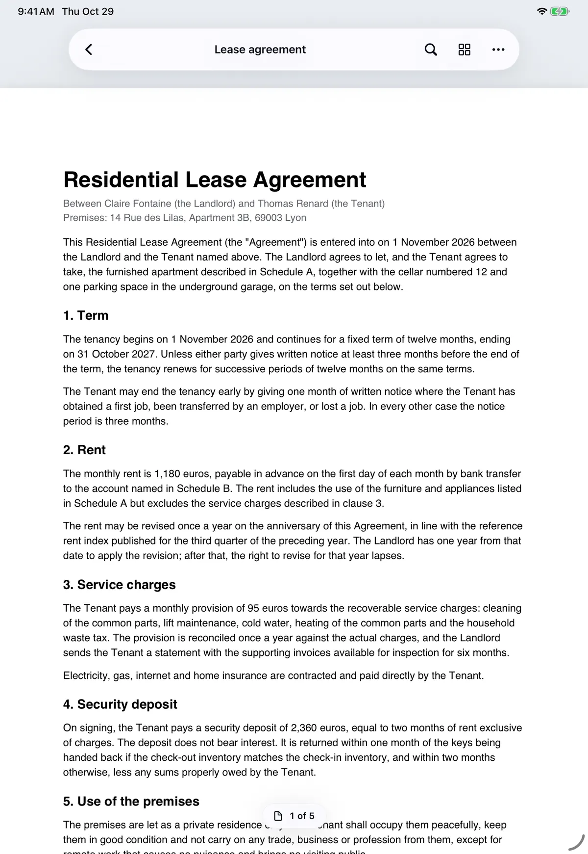 The reader on an iPad in portrait: the floating bar with the document name, search, pages and more, and the first page of the lease agreement at a comfortable size.