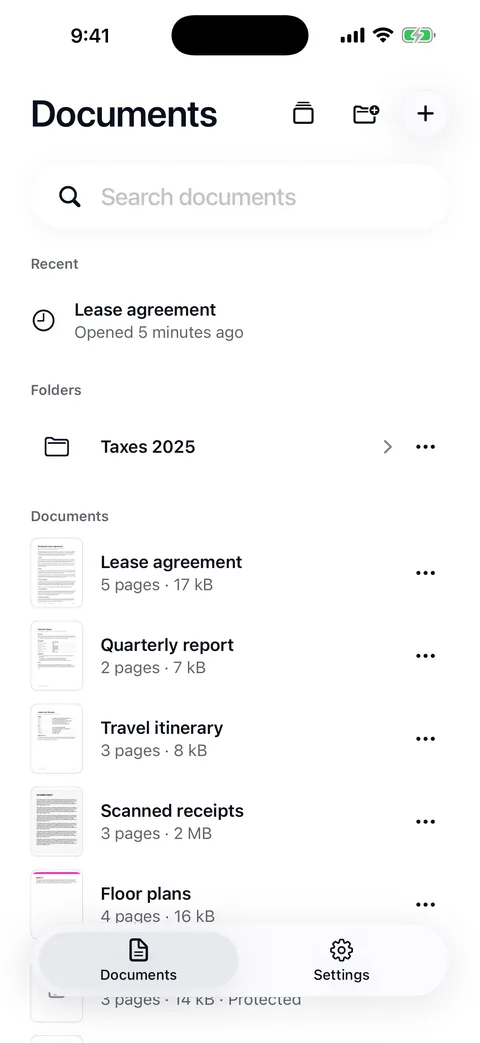 The Documents screen: a search field, a recently opened lease agreement, a Taxes 2025 folder, and documents with their first-page thumbnails, page counts and sizes, including a protected insurance policy.
