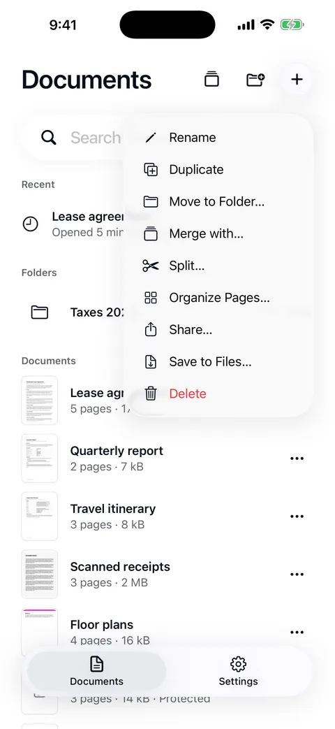 A document’s menu in the library: Rename, Duplicate, Move to Folder, Merge with, Split, Organize Pages, Share, Save to Files and Delete.