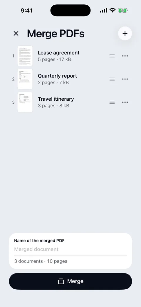 Merge PDFs: three documents listed in order with drag handles, a name field for the merged PDF, the summary 3 documents, 10 pages, and a Merge button.
