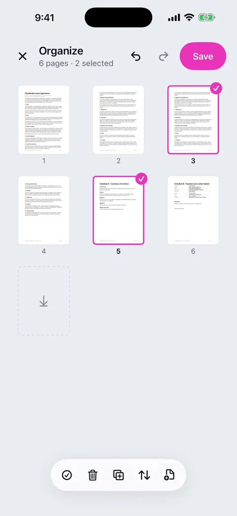 Organize: a grid of six pages with two selected and outlined in pink, the subtitle 6 pages, 2 selected, Undo, Redo and Save in the header, and a bar with select all, delete, duplicate, move and insert.