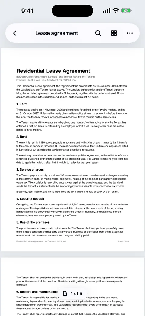 The reader: a floating bar with the document name, search, pages and more buttons, the first page of a lease agreement, and a 1 of 5 page pill.