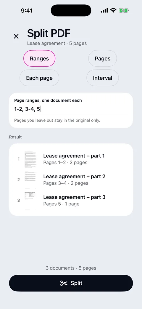 Split PDF: the Ranges mode selected among Ranges, Pages, Each page and Interval, the ranges 1-2, 3-4, 5 typed in, and a Result card previewing three parts with their first pages.